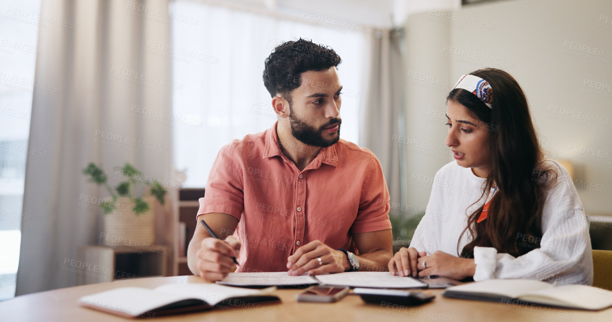 Buy stock photo Finance, paperwork and couple in home with bills for budget, savings and payment invoice for mortgage. Marriage, accounting and man with woman with documents, report and financial expenses for taxes