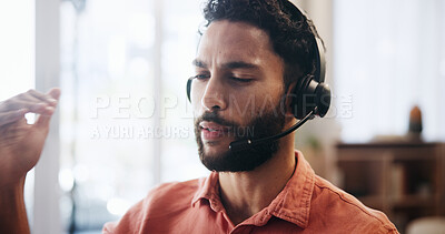 Buy stock photo Man, headset and explanation for remote work, virtual receptionist or assistant for help in home. Male person, call center and customer service hotline with agent, talk and conversation for support