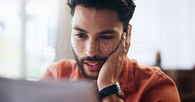 Buy stock photo Stress, finance and man with paperwork in home for mortgage debt, loan payment and taxes. Worry, apartment and person with documents, bills and report for budget, financial crisis and review savings