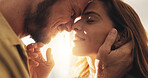 Flare, forehead touch and couple in home for love, bonding and relationship in morning. Dating, happy and face of man with woman together for connection, romance and affection for commitment in house