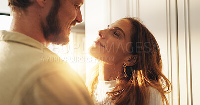 Buy stock photo Couple, happy and eye contact in home with care, love and bonding by window with connection in morning. Man, woman and smile with trust, loyalty and memory with partnership for romance at apartment