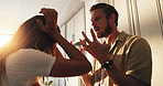 Home, fight and couple with divorce, shouting and communication with argument. Angry, man and woman with toxic relationship, disagreement and frustrated with conflict, screaming and marriage fail