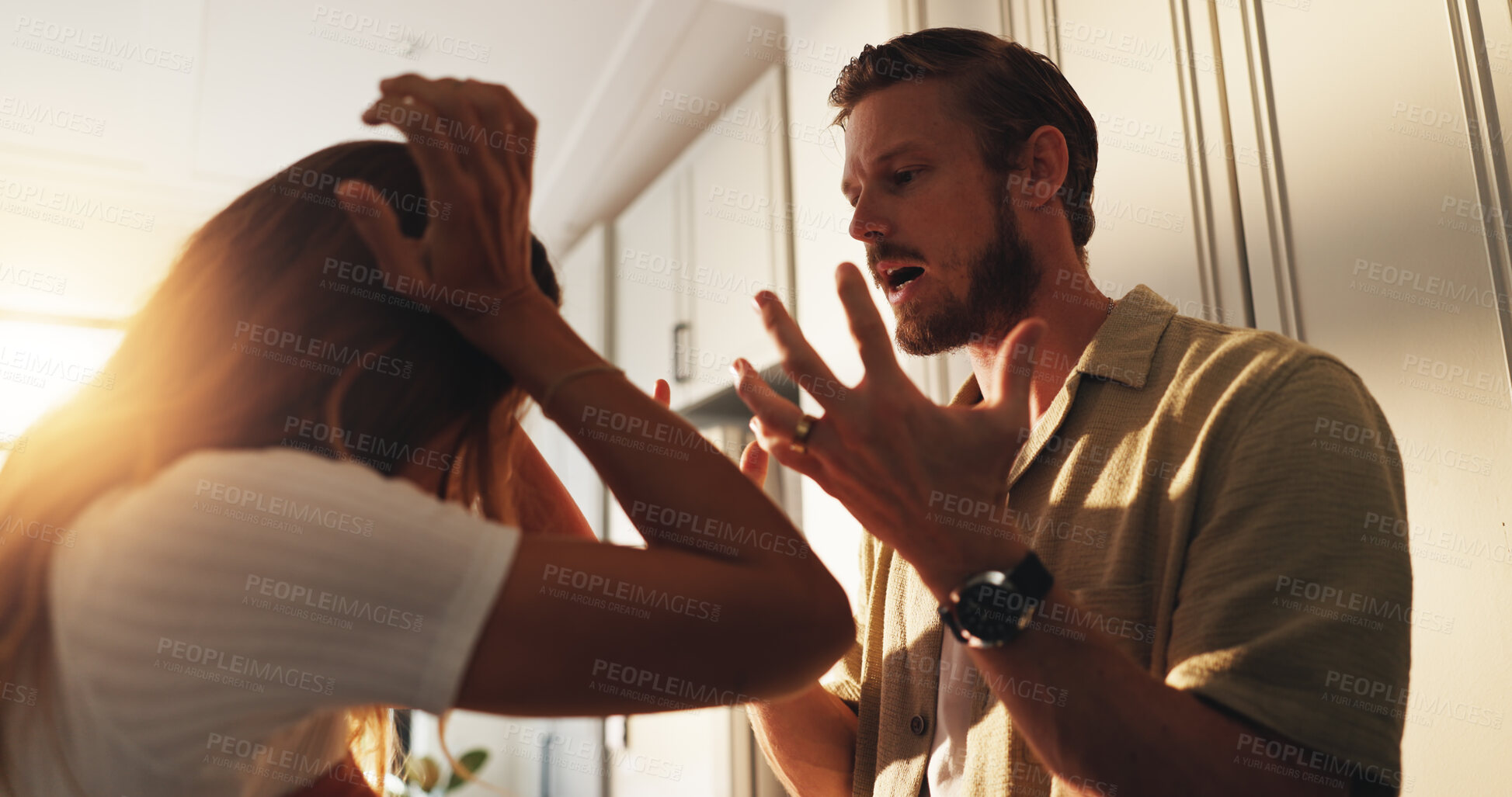 Buy stock photo Home, fight and couple with divorce, shouting and communication with argument. Angry, man and woman with toxic relationship, disagreement and frustrated with conflict, screaming and marriage fail