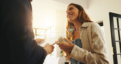 Buy stock photo Smile, woman and couple with tablet at new house for planning, interior design and online shopping. Below, people and swatch for painting decision, change property and digital for renovation process