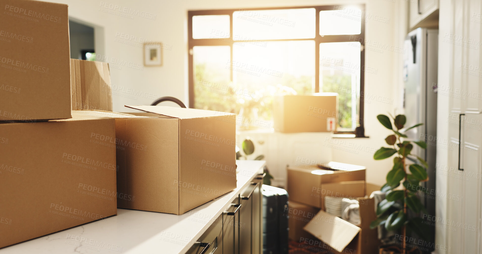 Buy stock photo Empty, house and boxes with relocation for property migration or eviction notice in apartment. Packages, parcels or cargo in home vacate for moving, replacement or packing equipment in building