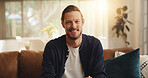 Portrait, smile and man relax at house for peace, morning start and satisfaction of weekend. Happy, male person and cozy of free time, break and chilling to unwind with me time for wellness in lounge
