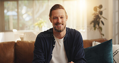 Buy stock photo Portrait, smile and man relax at house for peace, morning start and satisfaction of weekend. Happy, male person and cozy bachelor, break and chilling to unwind with free time for wellness in lounge