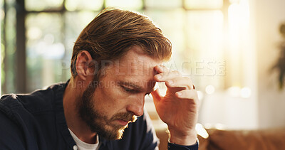 Buy stock photo Stress, man and thinking with worry at house for bad decision, financial crisis or reflection. Disappointed, person or wonder for bankruptcy risk, remember mistake and regret choice with debt concern