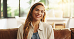 Portrait, happy and woman relax at house for peace, morning start and satisfaction of weekend. Smile, female person and cozy for free time, break and chilling on couch with bokeh for wellness on sofa
