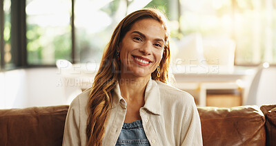 Buy stock photo Portrait, happy and woman relax at house for peace, morning start and satisfaction of weekend. Smile, female person and cozy for free time, comfortable break and chilling on couch of wellness on sofa