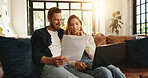 Documents, finance and laptop with couple on sofa in living room of home for budget or investment. Computer, contract or insurance with man and woman reading paperwork for accounting in apartment