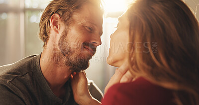 Buy stock photo Home, love and couple with smile, marriage and bonding together in living room. People, apartment and man with woman, support and trust with kindness, commitment and romantic with affection or care