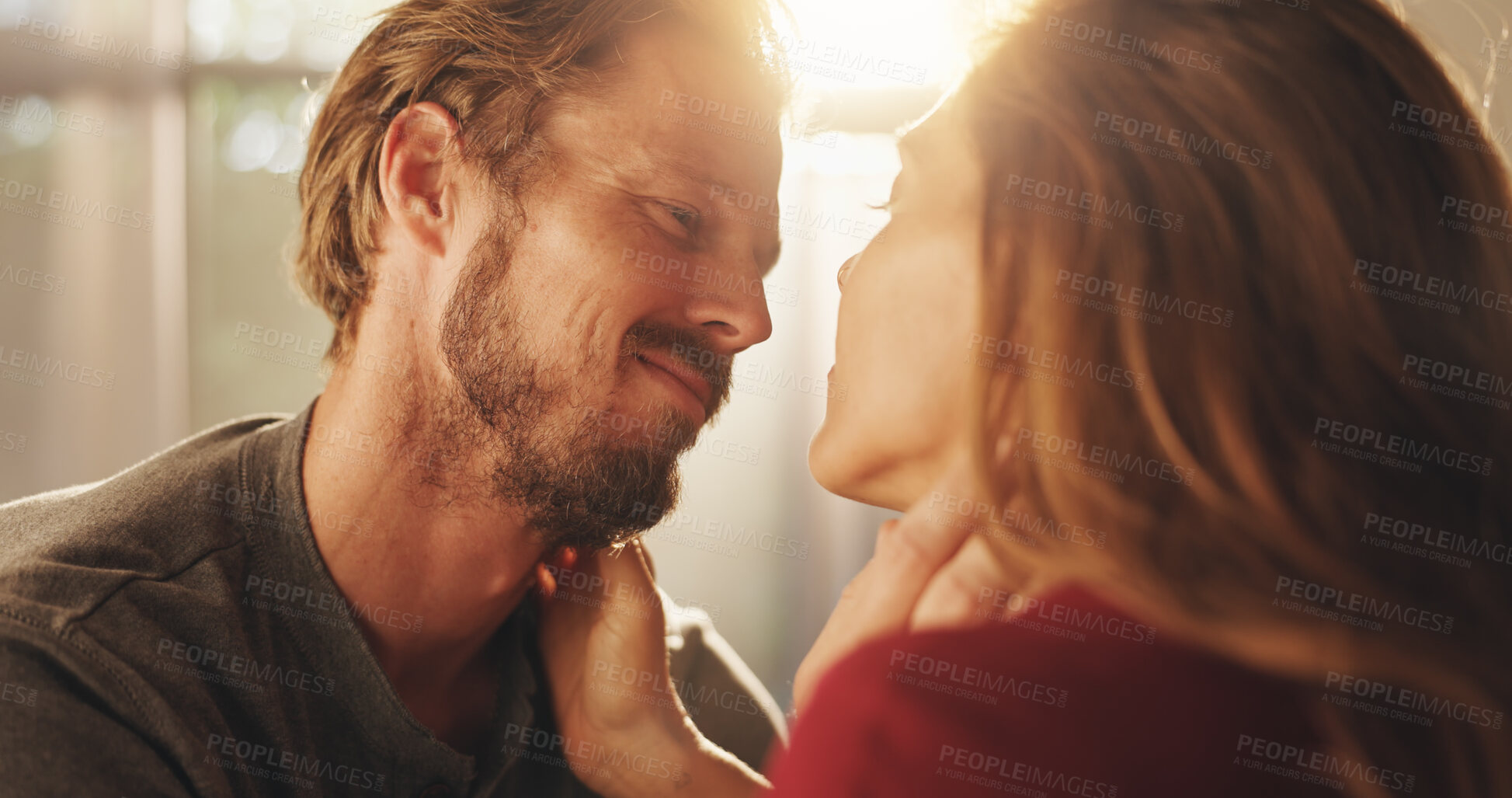 Buy stock photo Home, love and couple with smile, marriage and bonding together in living room. People, apartment and man with woman, support and trust with kindness, commitment and romantic with affection or care