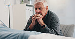 Hospital bed, couple and senior man with hope, healthcare and prayer for recovery of partner or sad. Clinic, worried and elderly person with concern for cancer, sick and medical treatment for patient