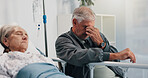 Senior couple, sick and headache by hospital bed for cancer diagnosis, tired or stress. Disease, sad man and woman in clinic with terminal illness, medical healthcare and worry for surgery recovery
