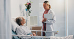 Elderly patient, doctor and clipboard by hospital bed for report, talk and recovery in retirement. Senior woman, medical consulting and illness for advice, checklist and info with smile at clinic