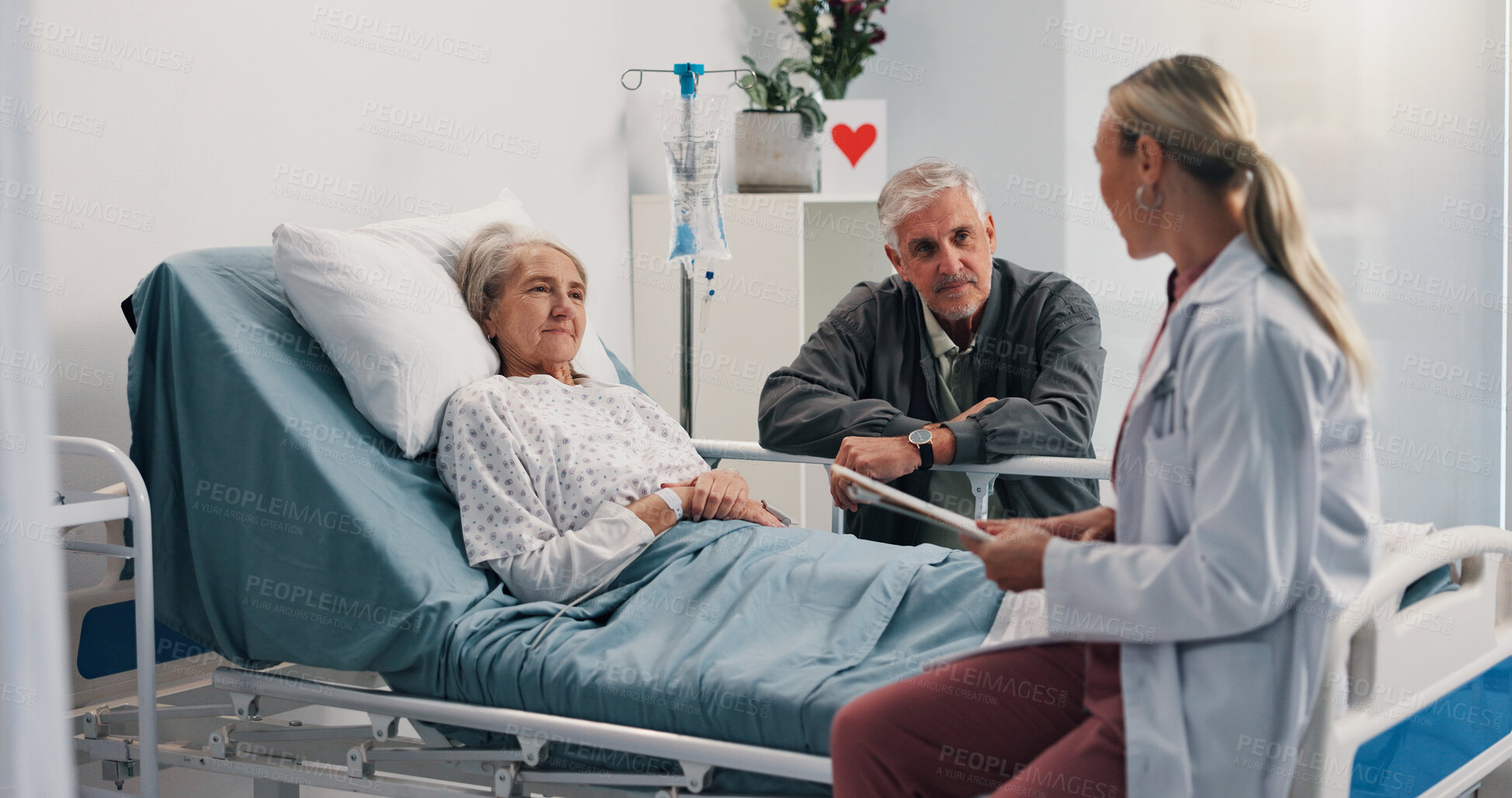 Buy stock photo Healthcare, doctor and old couple in clinic, conversation and recovery for cancer treatment. Illness, medical emergency or senior woman in bed, elderly man and consultation with documents and talking