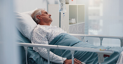Buy stock photo Sick, thinking and senior man in hospital bed, recovery and stress in emergency room. Pensioner, elderly patient and old person in clinic for surgery, cancer treatment and healthcare with reflection