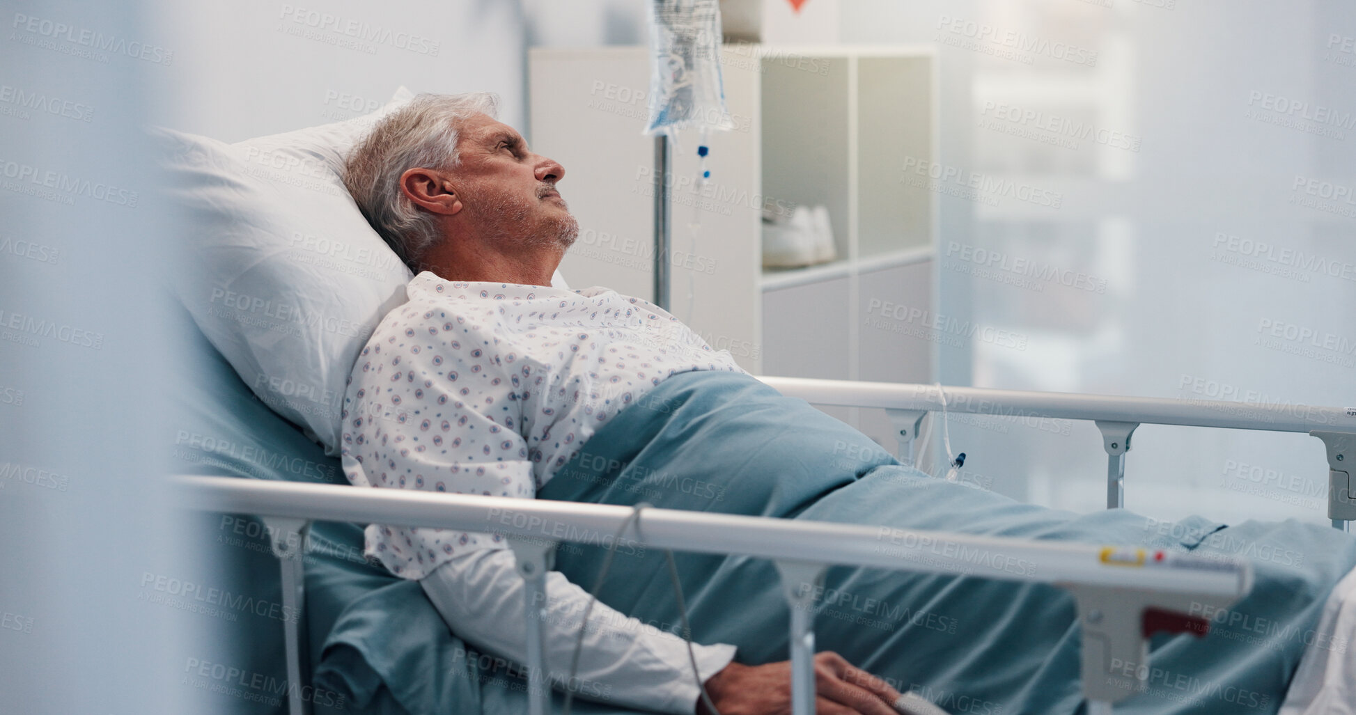 Buy stock photo Sick, thinking and senior man in hospital bed, recovery and stress in emergency room. Pensioner, elderly patient and old person in clinic for surgery, cancer treatment and healthcare with reflection