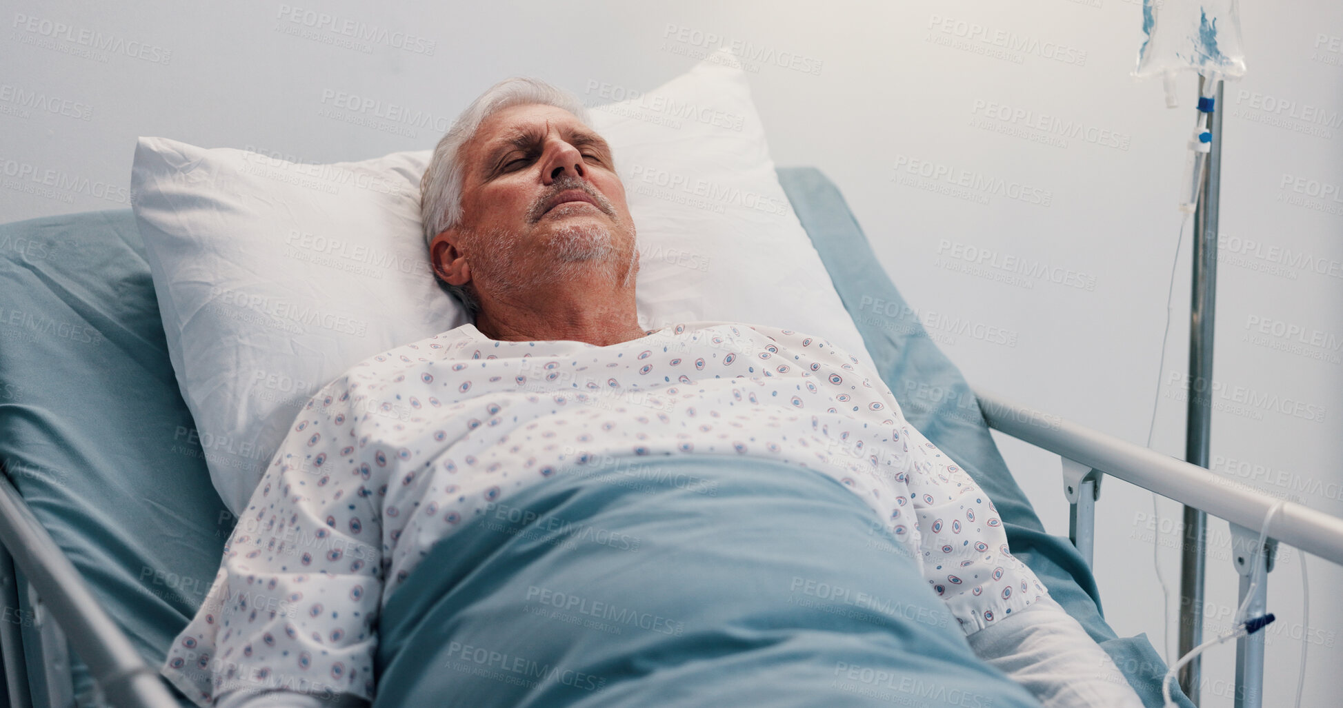 Buy stock photo Illness, healthcare and senior man in hospital bed, recovery and sleeping in emergency room. Pensioner, elderly patient and old person in clinic for surgery, cancer treatment and rehabilitation