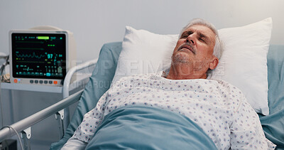 Buy stock photo Healthcare, recovery and sleep with old man in hospital bed for rest from operation or surgery. Emergency, insurance and tired with senior patient in medical clinic for rehabilitation from accident