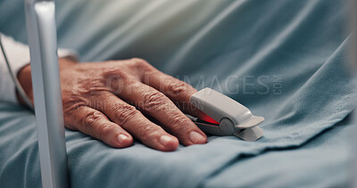 Buy stock photo Hand, pulse oximeter and senior patient in hospital bed for recovery of surgery or treatment. Healthcare, healing and elderly person with medical tool to monitor blood oxygen levels in clinic.
