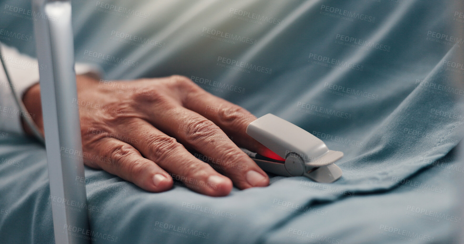 Buy stock photo Hand, pulse oximeter and senior patient in hospital bed for recovery of surgery or treatment. Healthcare, healing and elderly person with medical tool to monitor blood oxygen levels in clinic.
