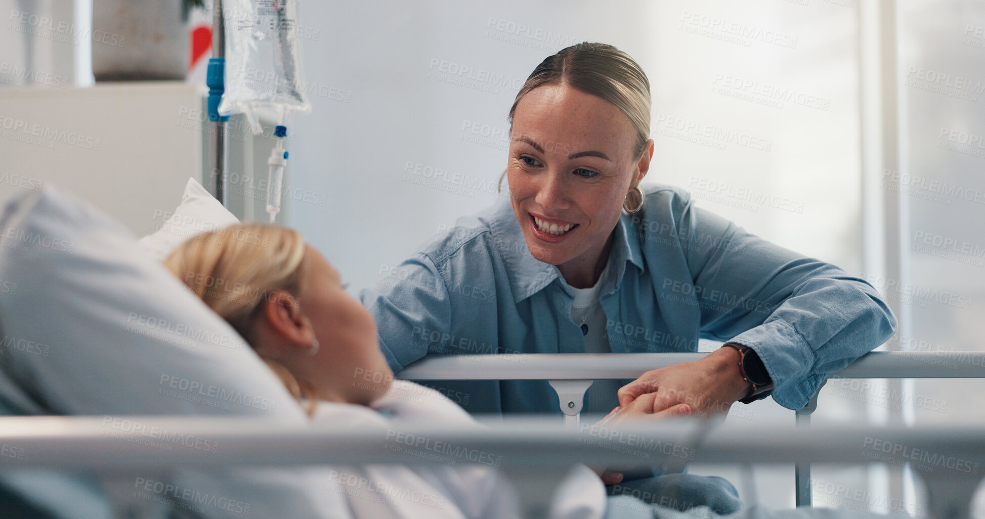 Buy stock photo Bed, healthcare and mother with child in hospital for recovery or rest from surgery success. Love, paediatric or trust with single parent woman and sick daughter in clinic for medical procedure