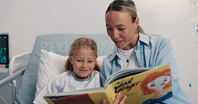 Buy stock photo Mom, girl and reading book in bed, hospital or happy with storytelling for recovery, care or love. Mother, child and smile with bonding, support and healing with rehabilitation for illness at clinic
