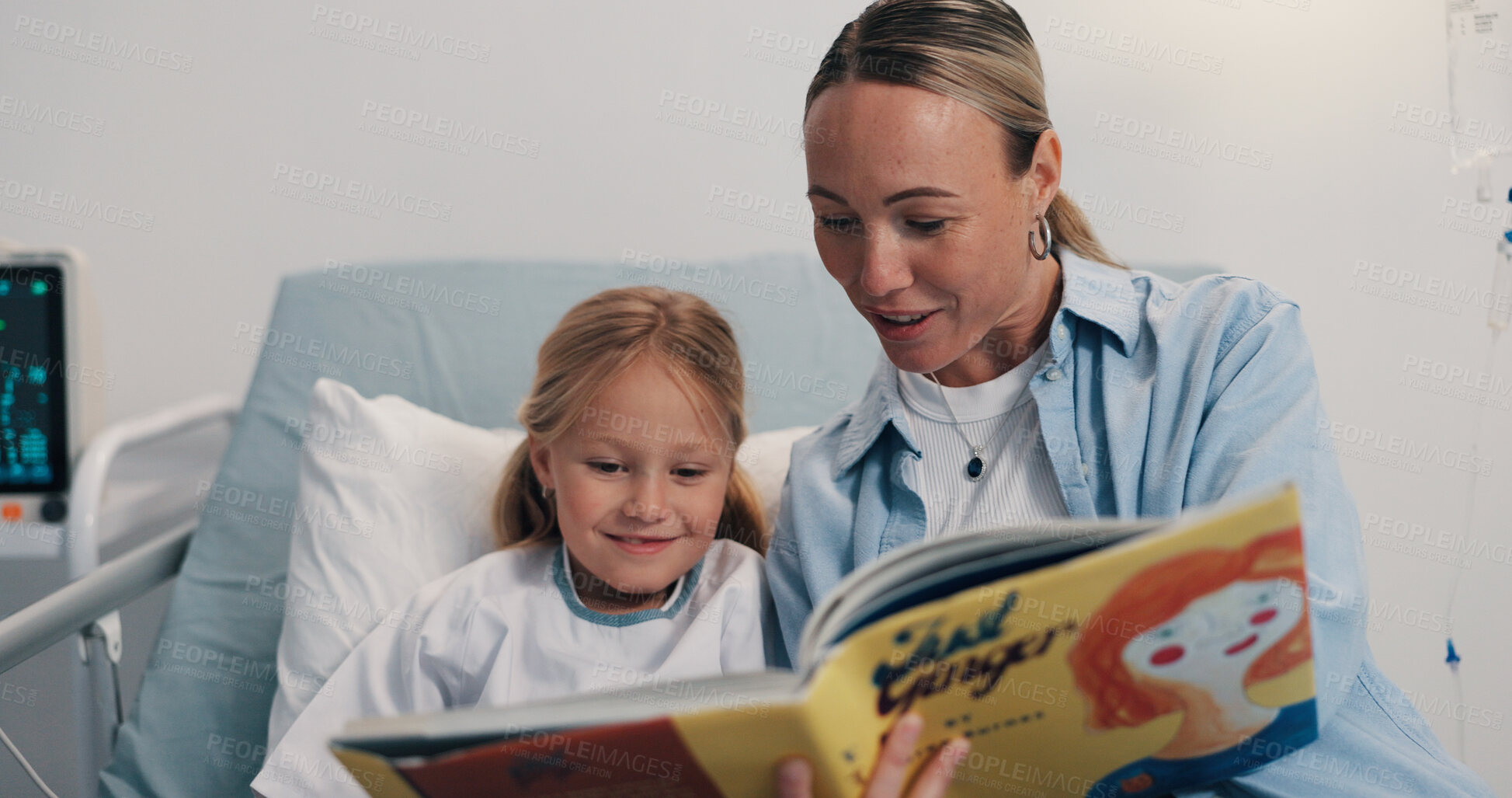 Buy stock photo Mom, girl and reading book in bed, hospital or happy with storytelling for recovery, care or love. Mother, child and smile with bonding, support and healing with rehabilitation for illness at clinic