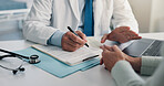 Doctor, hands and writing with document for healthcare, life insurance or application in clinic. People, medical aid employee and clipboard with form, survey or paperwork for registration or service