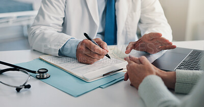 Buy stock photo Doctor, hands and writing with document for healthcare, life insurance or application in clinic. People, medical aid employee and clipboard with form, survey or paperwork for registration or service