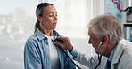 Doctor, patient and breathing with stethoscope in clinic for chest exam, asthma or checkup. Cardiologist, people and medical tool for heartbeat, lung capacity or health assessment in hospital