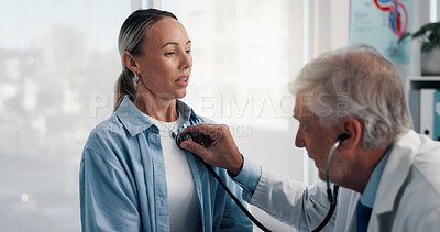 Buy stock photo Doctor, patient and breathing with stethoscope in clinic for chest exam, asthma or checkup. Cardiologist, people and medical tool for heartbeat, lung capacity or health assessment in hospital