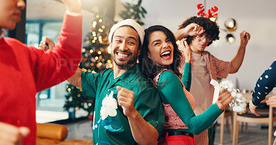 Buy stock photo Happy people, Christmas and dancing with friends for party or new year celebration at home. Excited, group or energy with smile for December holiday, festive event or fun get together at house