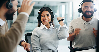 Buy stock photo Computer, headset and high five with people in call center for lead generation or telemarketing. Goals, success and target with sales team in office together for achievement, celebration or milestone