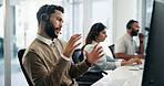 Call centre, help desk and business people with advice, man and feedback with customer service. Employees, contact us and consultant in workplace, conversation and explain with operator and headset