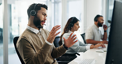 Buy stock photo Call centre, help desk and business people with advice, man and feedback with customer service. Employees, contact us and consultant in workplace, conversation and explain with operator and headset