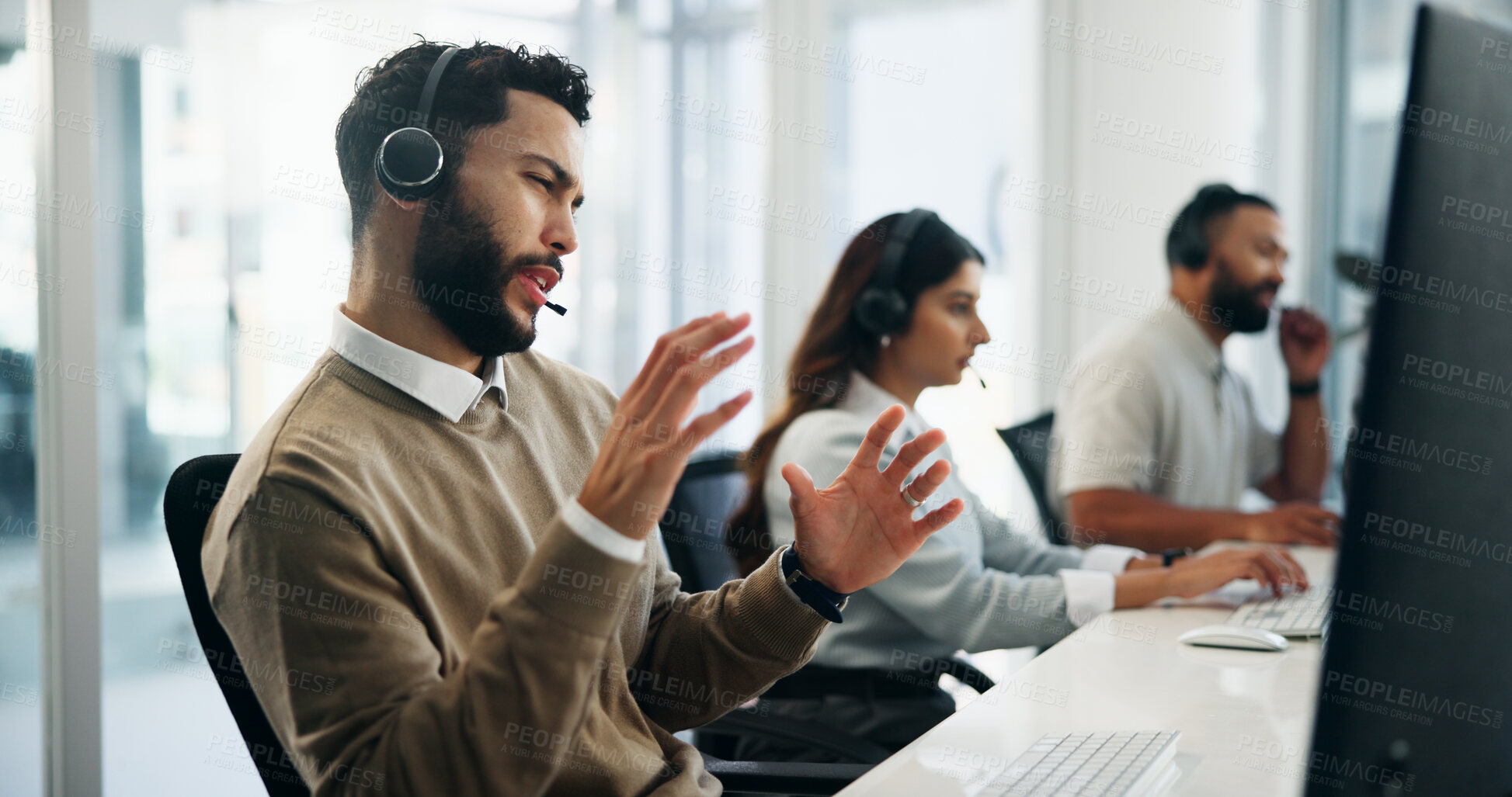 Buy stock photo Call centre, help desk and business people with advice, man and feedback with customer service. Employees, contact us and consultant in workplace, conversation and explain with operator and headset