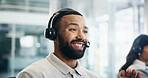 Headset, smile and solution with man in call center for assistance, feedback or virtual help. Contact us, explain and problem solving with happy agent in office for customer service or support