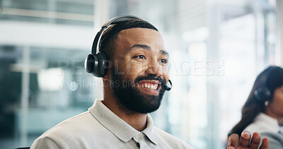 Buy stock photo Headset, smile and solution with man in call center for assistance, feedback or virtual help. Contact us, explain and problem solving with happy agent in office for customer service or support