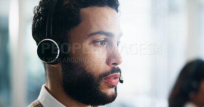 Buy stock photo Serious, profile and man in call center for help, IT advice or technical support. Headset, problem solving and face of consultant thinking of virtual assistance, software insight or customer service