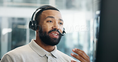 Buy stock photo Computer, headset and solution with man in call center for assistance, feedback or virtual help. Contact us, explain and question with agent in office for customer service, problem solving or support