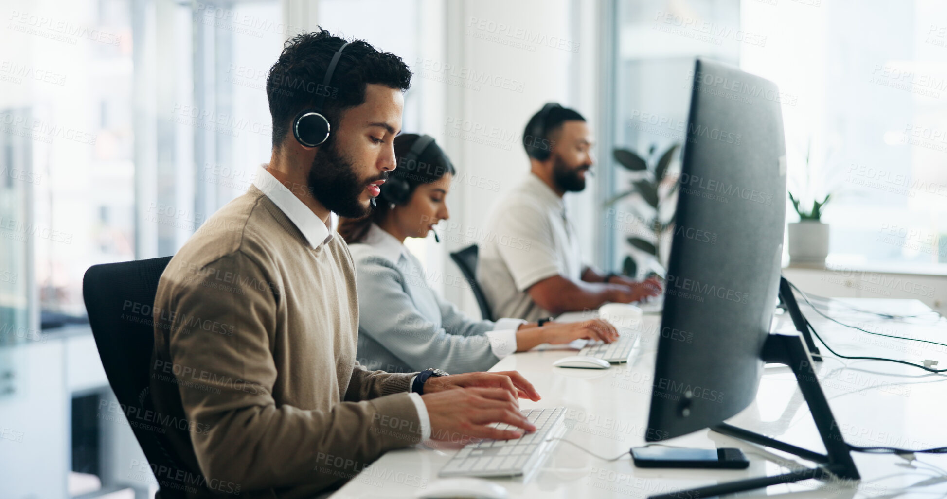 Buy stock photo Call centre, help desk and business people in office, computer and feedback with advice. Employees, contact us and consultant in workplace, conversation and operator with customer service, pc or crm