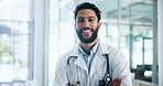 Portrait, smile and man in clinic, arms crossed and confidence with career ambition. Person, medical service and professional in hospital, pride and healthcare with expert, cardiology and happiness