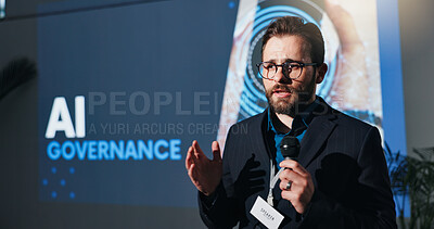Buy stock photo Businessman, microphone and talking at ai conference for governance, ethics and rules. Speech, keynote speaker and person at convention for compliance, policy guidelines and accountability at summit