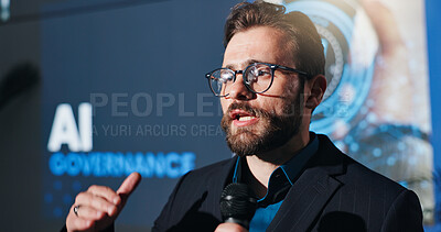 Buy stock photo Businessman, microphone and talking at ai seminar for governance, ethics and rules. Speech, keynote speaker and person at conference for compliance, policy guidelines and accountability at summit