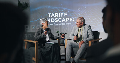 Buy stock photo Interview, talking and people on a stage for seminar with FAQ, financial conference and tariff discussion. Presentation, business and woman with man for finance event, economic forum and convention