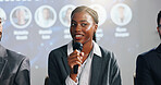 Conference, woman and panel of people on a stage for discussion, seminar faq and presentation. Business summit, entrepreneurship expo and speaker for tradeshow, innovation event and convention
