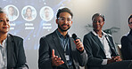 Seminar, speaker and panel of people on a stage for discussion, conference faq and presentation. Business summit, innovation expo and men with women with mic for tradeshow, event and convention